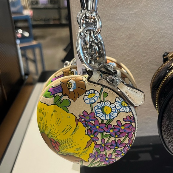 Coach Smooth Leather Coin Pouch Keychain Bag Charm With Floral Print - Picture 2 of 2